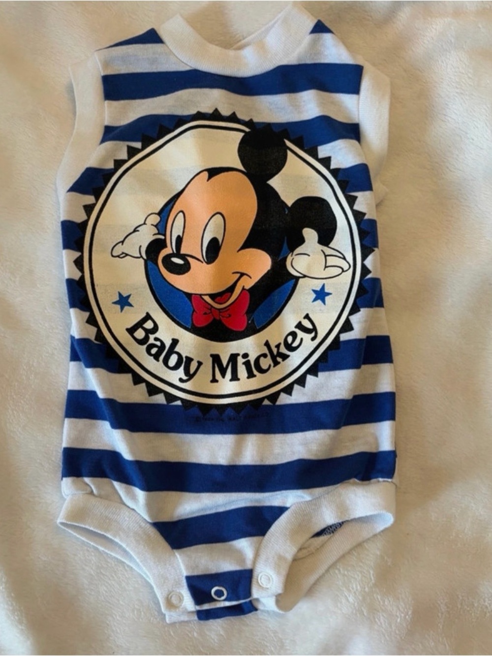 Vintage Baby Mickey Blue & White Striped One-Piece Bodysuit